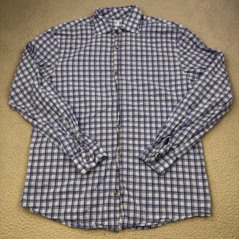 Johnnie O Shirt Mens Large Blue White Plaid Featherweight Button Up Baja